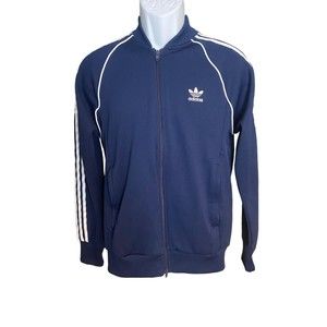 adidas mens M full zip track jacket prime blue embroidered 3 stripes